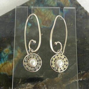 Sterling Silver 925 Signed Boma Round White Pearl Threader Dangle Earrings